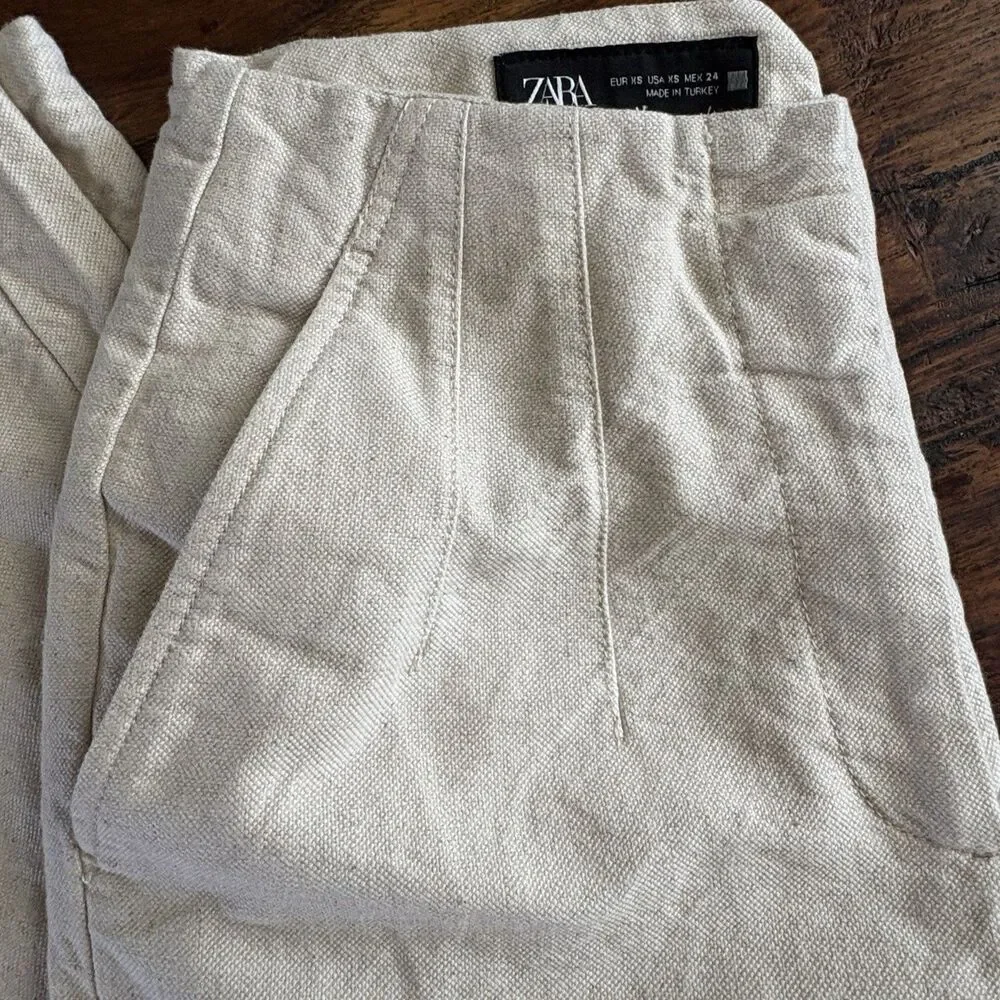 Zara Women Barrrel Leg Pants Cream Cotton Linen Blend Beach Casual Sz XS